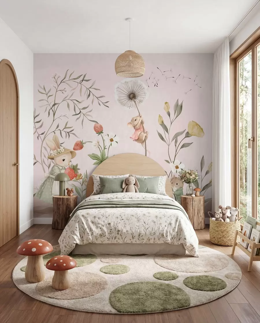 Wall Mural Photo Wallpaper Illustration of animals with strawberries on soft pink background w05422v1