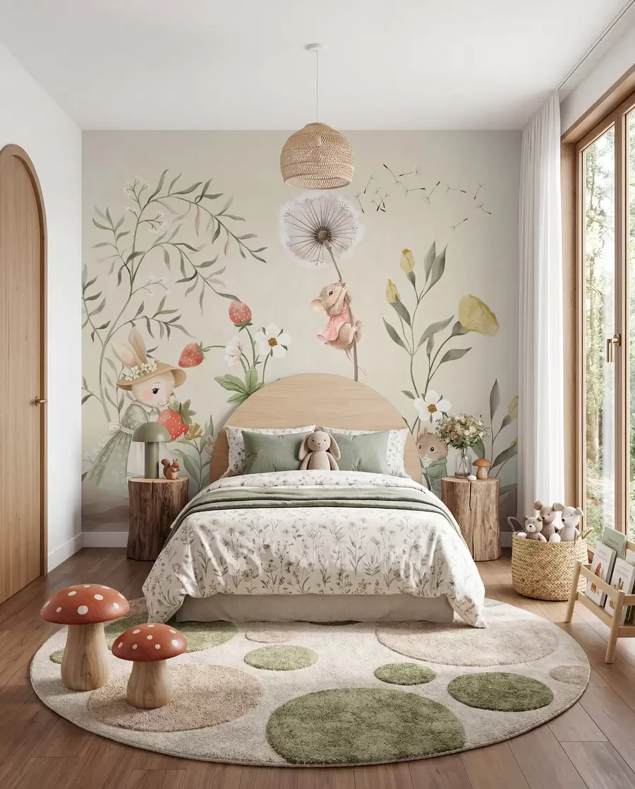 Wall Mural Photo Wallpaper Illustration of bunny, mouse and plants with strawberries w05422v2