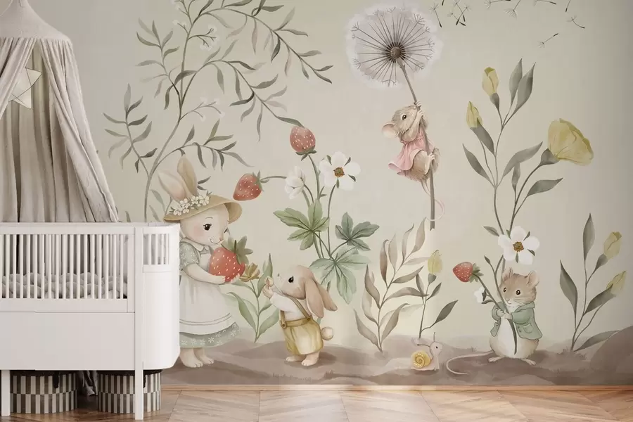 Wall Mural Photo Wallpaper Illustration of bunny, mouse and plants with strawberries w05422v2