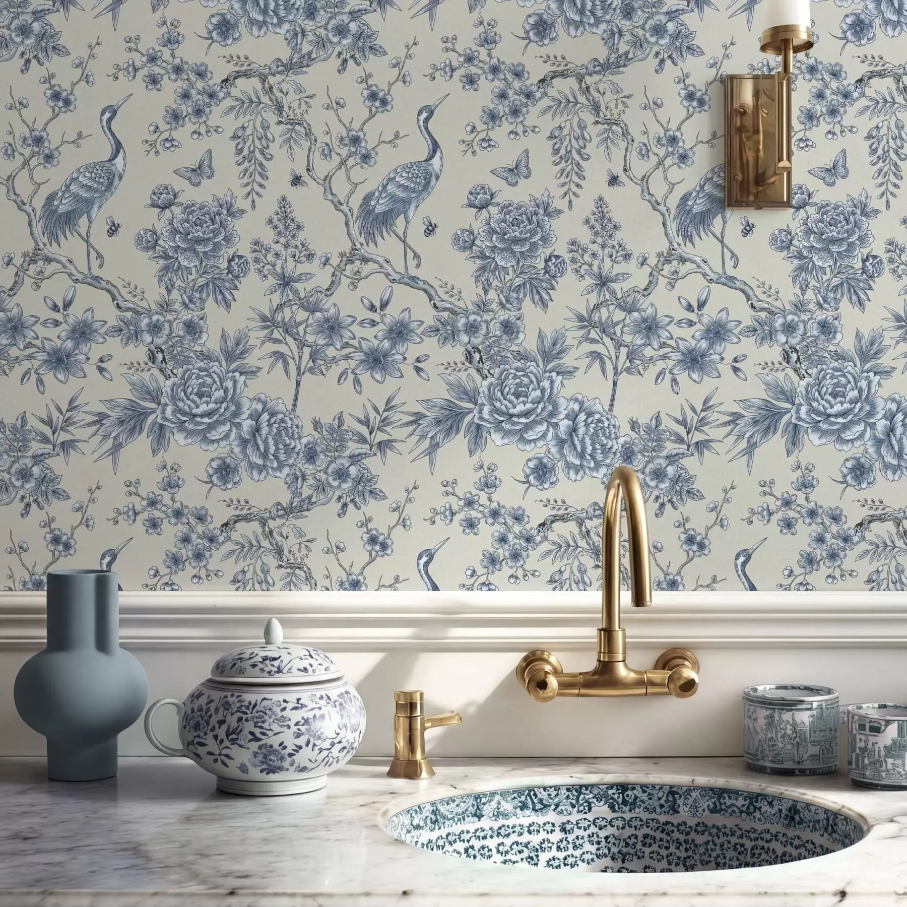 wall murals Blue floral ornament with bird and branches a01132