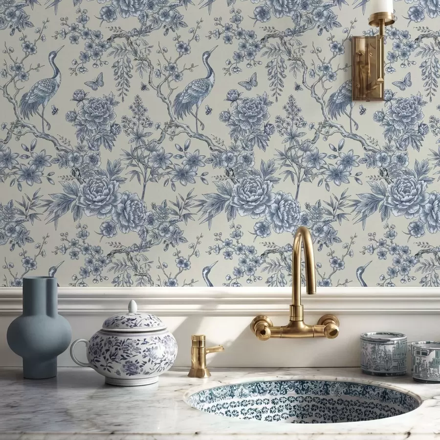 Wall Mural Photo Wallpaper Blue floral ornament with bird and branches a01132