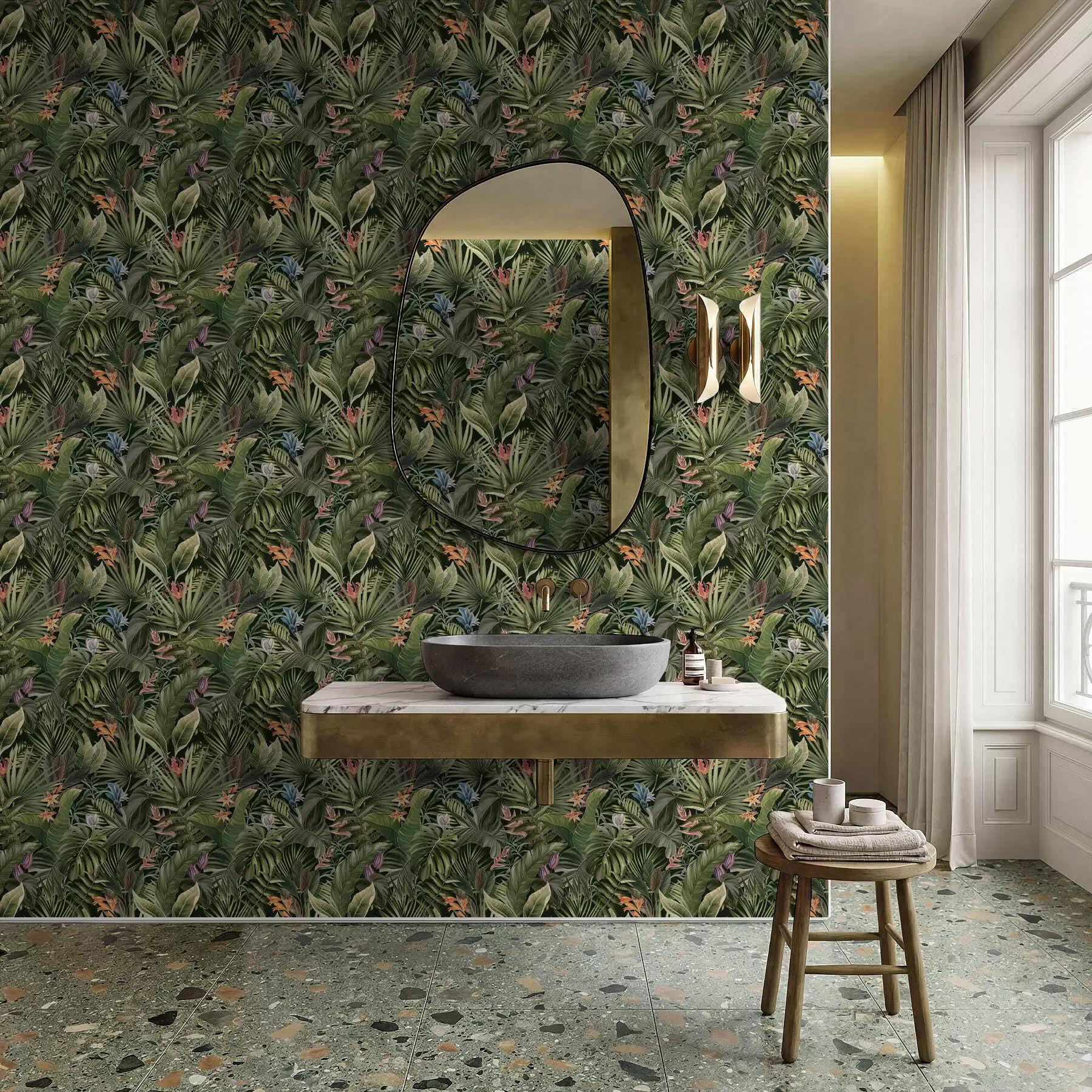 Wall Mural Photo Wallpaper Tropical leaves with flowers on dark background a01153