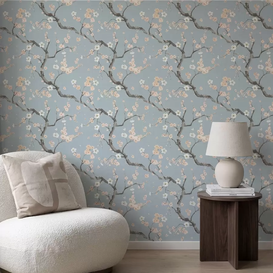 Wall Mural Photo Wallpaper Branches with blossoms on blue background a01155