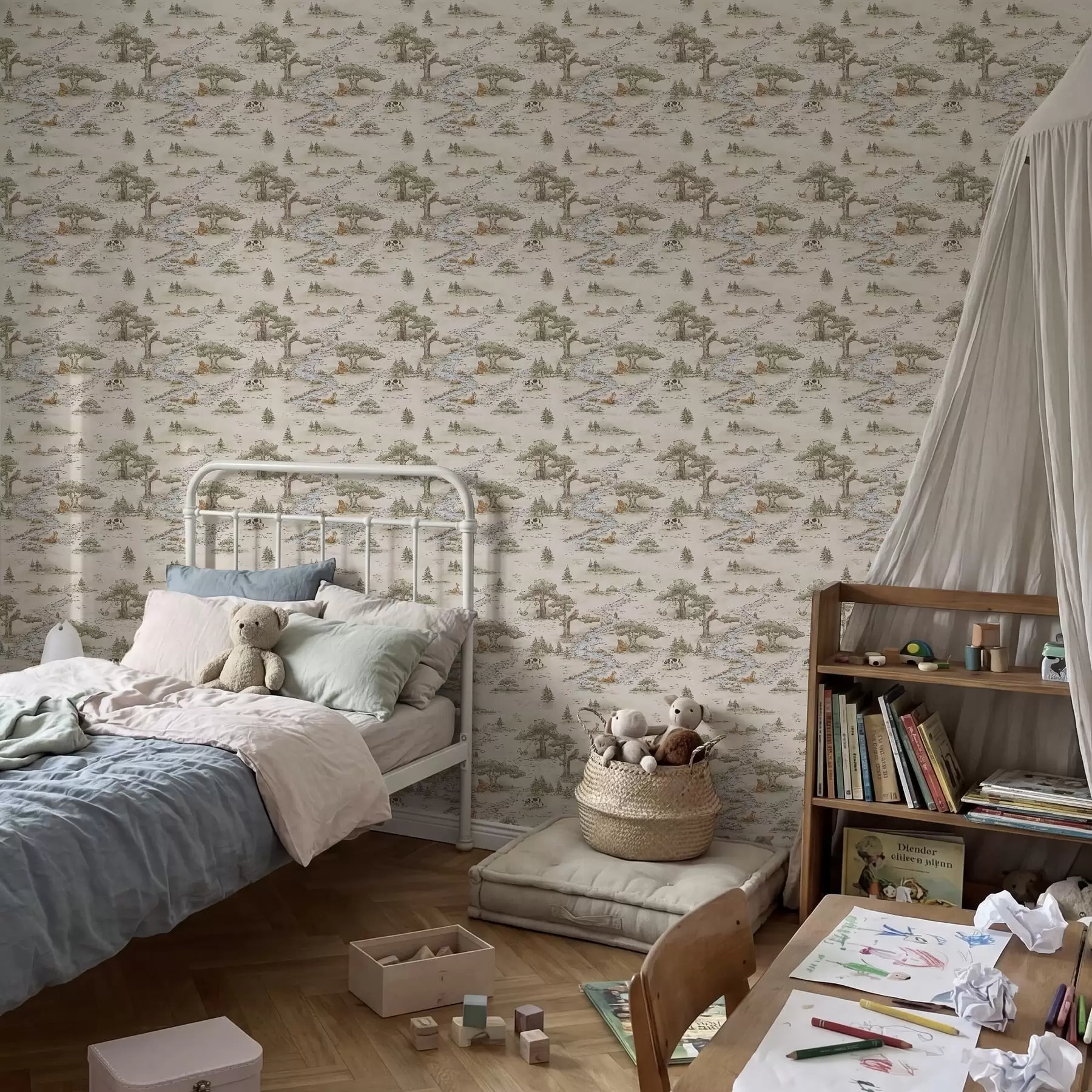 murales Ilustración de la naturaleza con animales y un río a01157