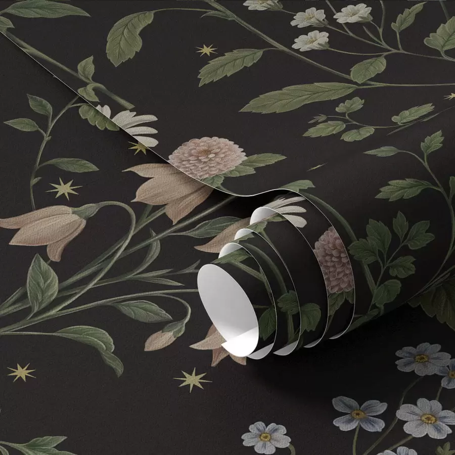 Wall Mural Photo Wallpaper Floral pattern on black background with stars a01160