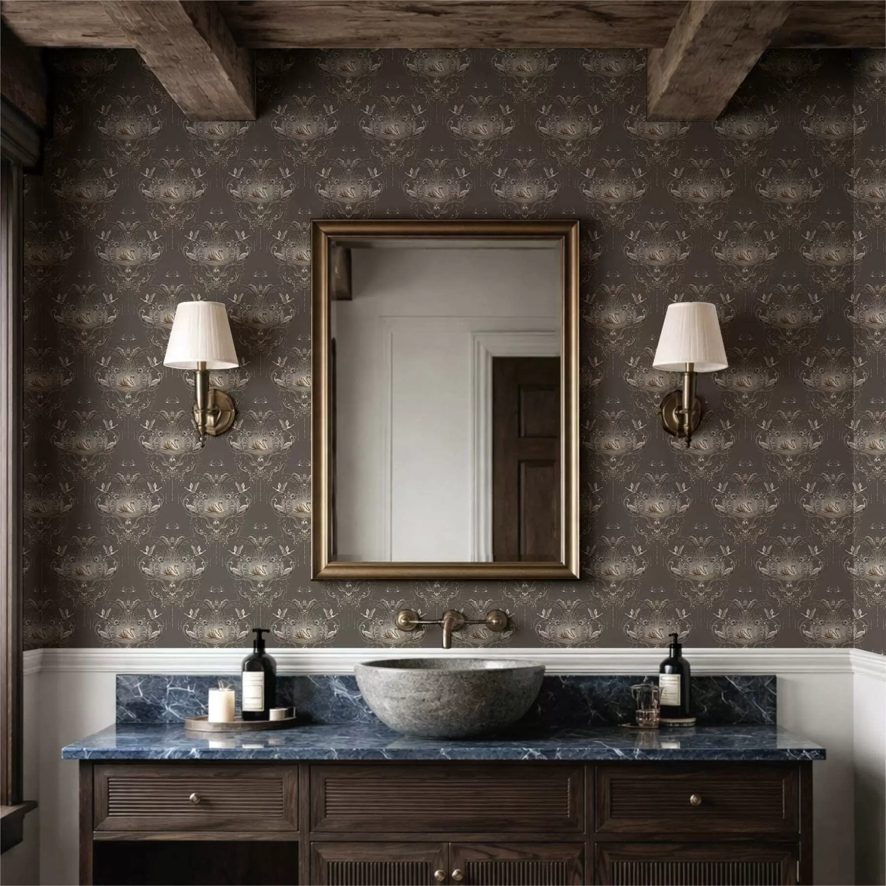 Wall Mural Photo Wallpaper Ornament with swans and birds in classic style a01161