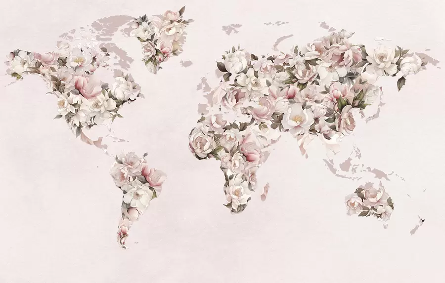 wall murals A pink world map made of large white and pink peonies c00005