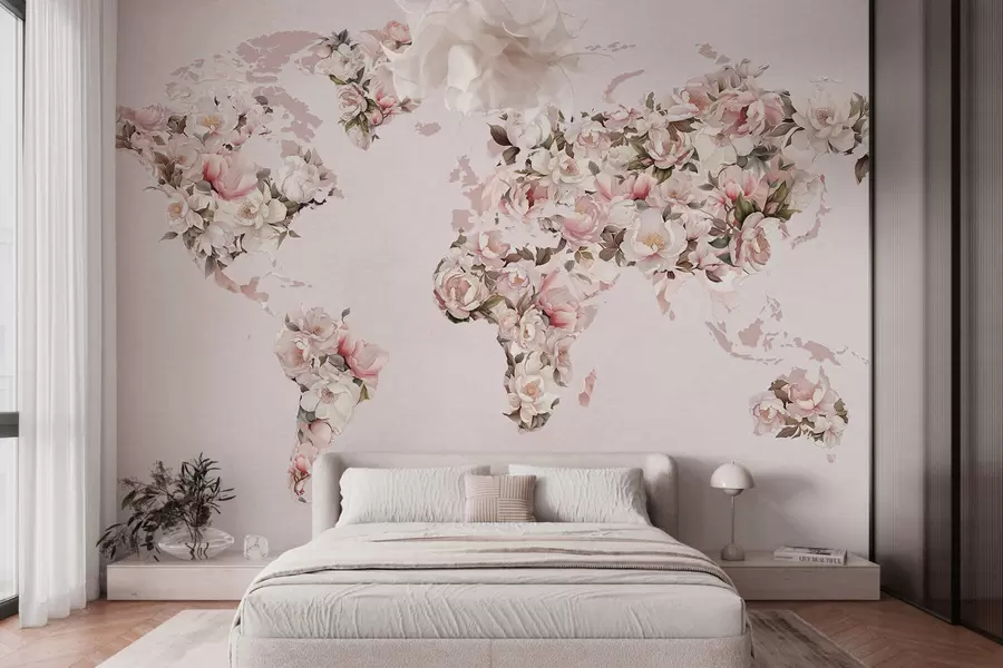 peintures murales Une carte du monde rose composée de grandes pivoines blanches et roses c00005
