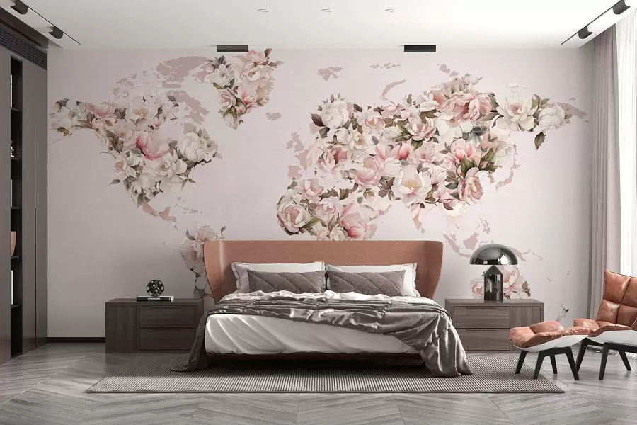 Wall Mural Photo Wallpaper A pink world map made of large white and pink peonies c00005