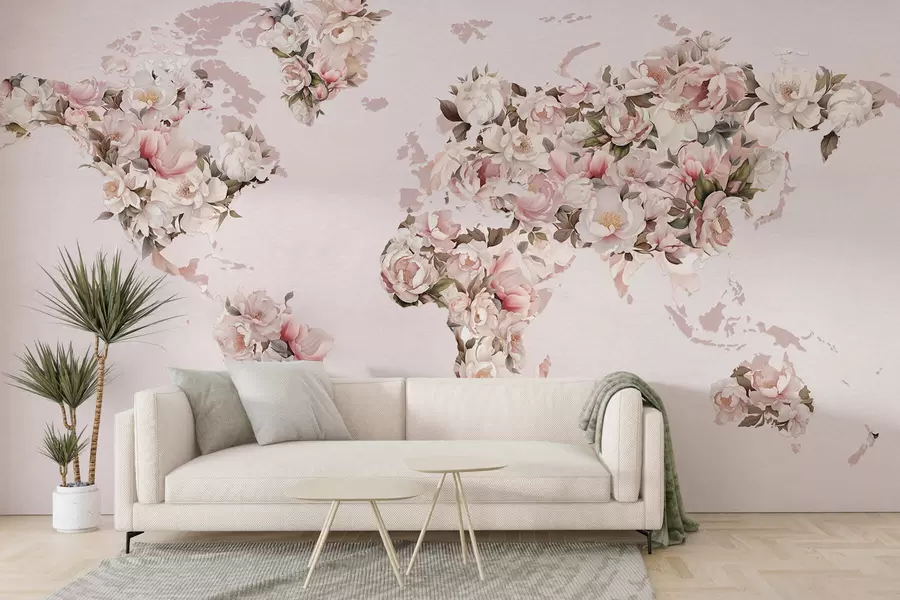 Wall Mural Photo Wallpaper A pink world map made of large white and pink peonies c00005
