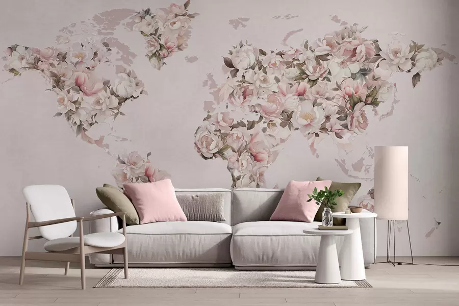 Wall Mural Photo Wallpaper A pink world map made of large white and pink peonies c00005