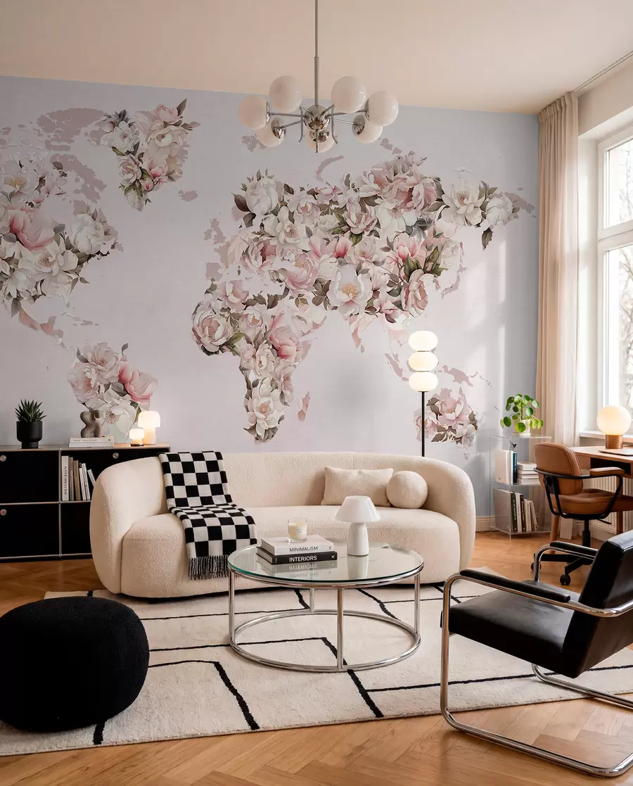 peintures murales Une carte du monde rose composée de grandes pivoines blanches et roses c00005
