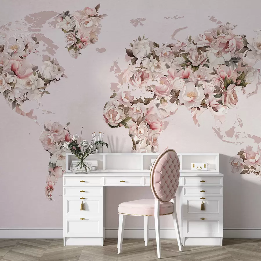 peintures murales Une carte du monde rose composée de grandes pivoines blanches et roses c00005