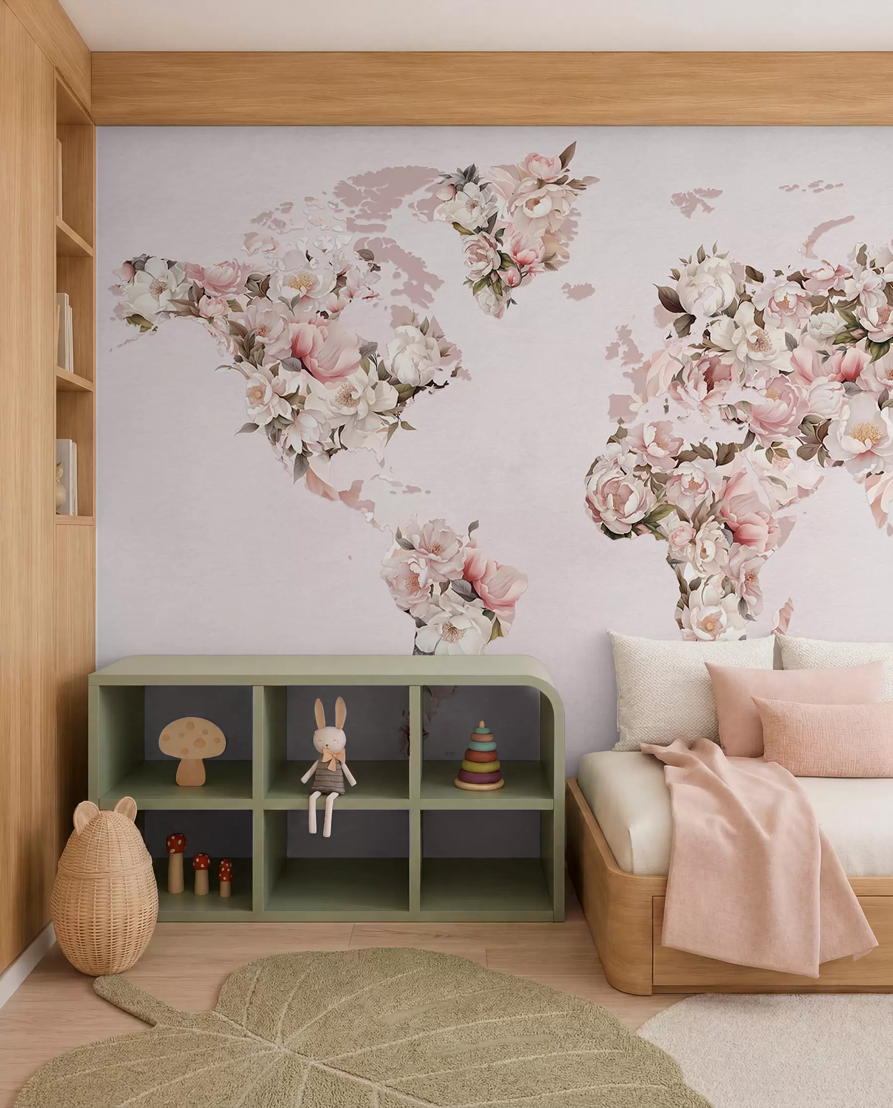 wall murals A pink world map made of large white and pink peonies c00005