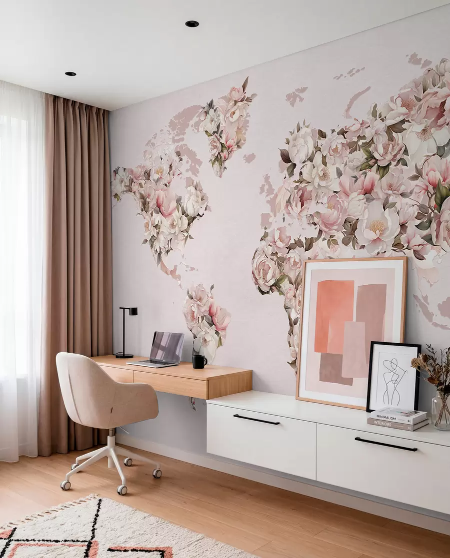 wall murals A pink world map made of large white and pink peonies c00005