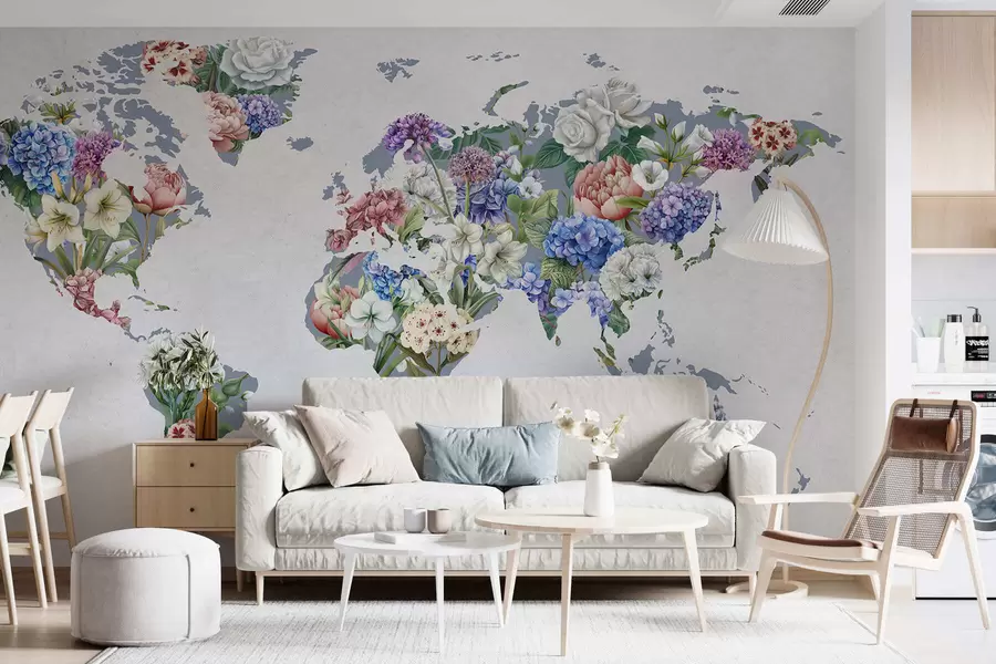 peintures murales Une carte du monde colorée, composée d'une variété de fleurs aux couleurs vives c00006