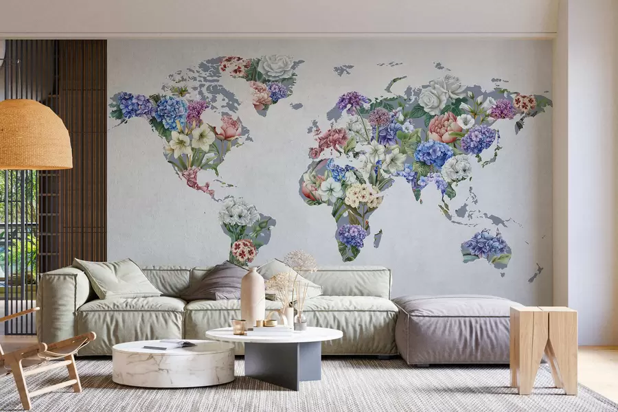 Wall Mural Photo Wallpaper A colorful map of the world made from a variety of vibrant flowers c00006