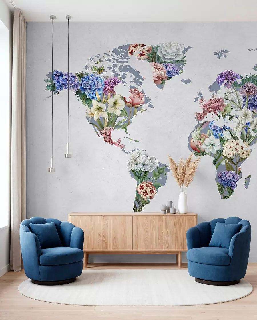 wall murals A colorful map of the world made from a variety of vibrant flowers c00006