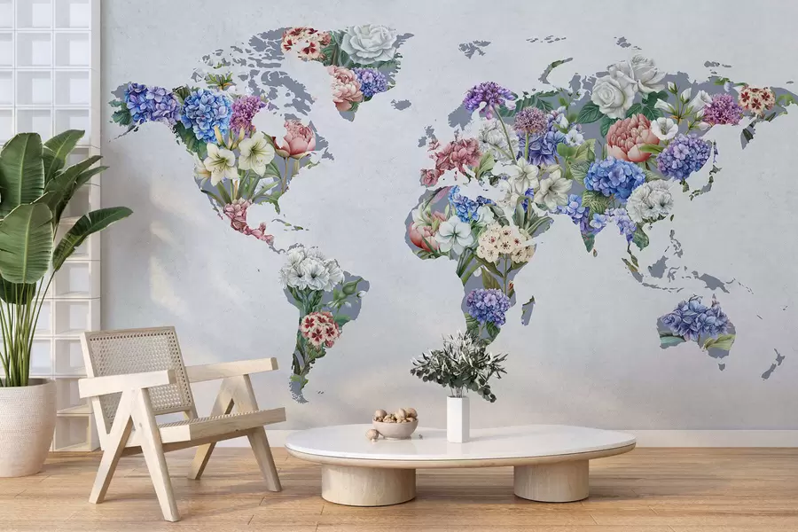 wall murals A colorful map of the world made from a variety of vibrant flowers c00006