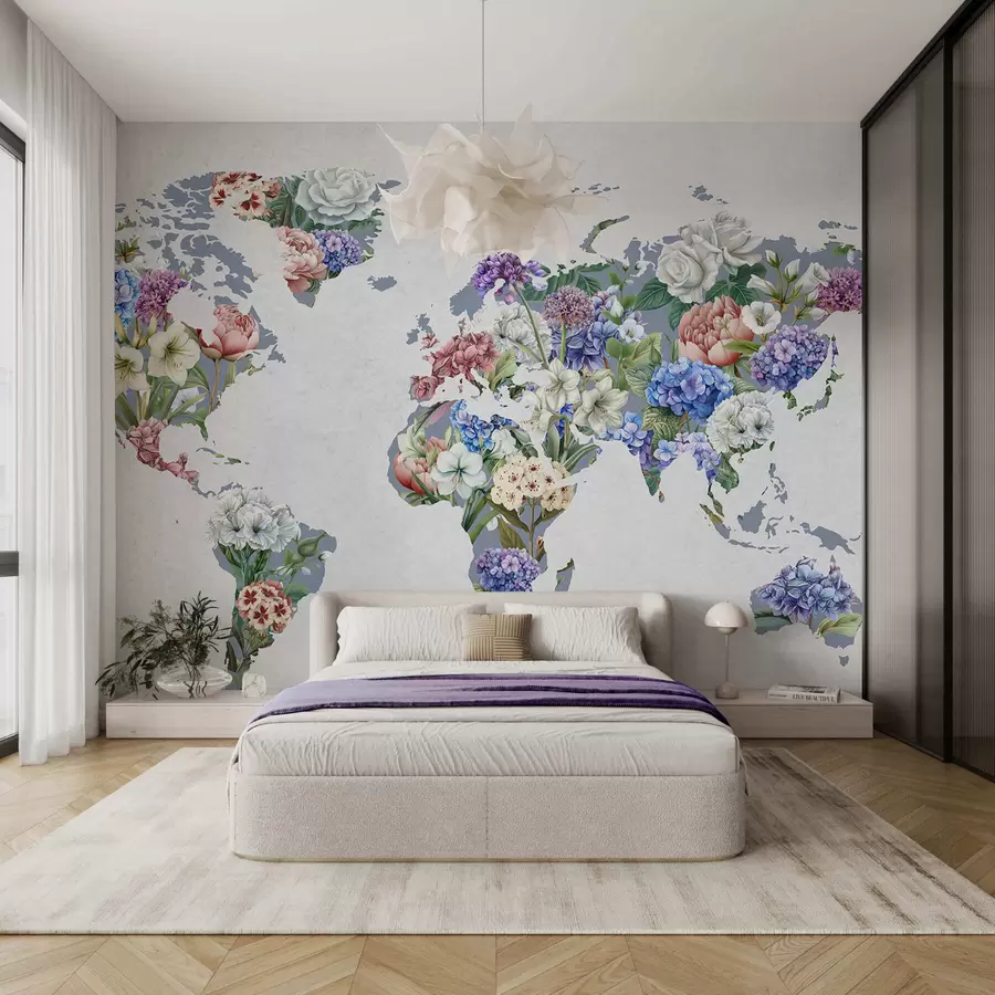 peintures murales Une carte du monde colorée, composée d'une variété de fleurs aux couleurs vives c00006