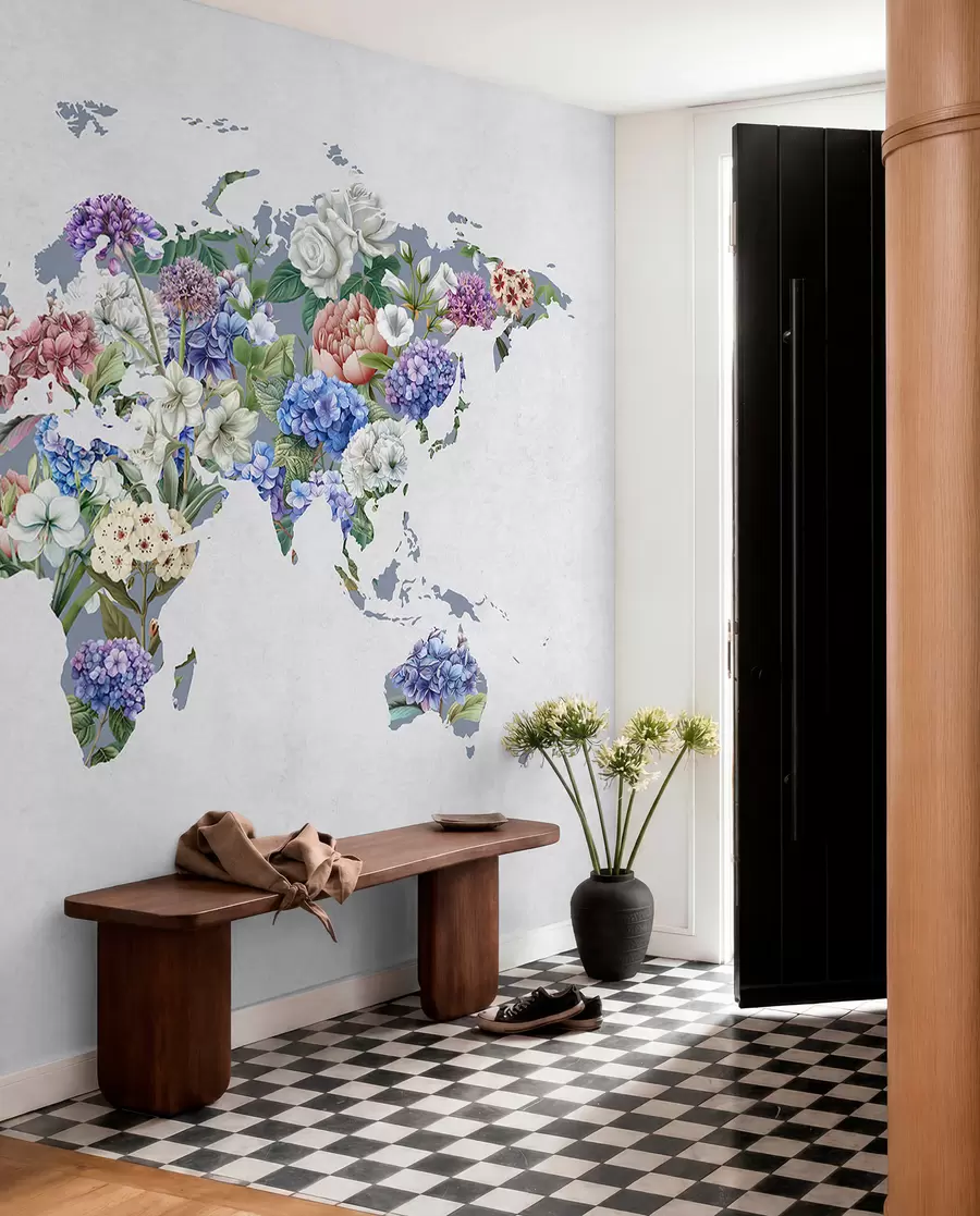 peintures murales Une carte du monde colorée, composée d'une variété de fleurs aux couleurs vives c00006
