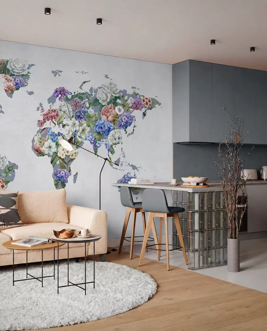 peintures murales Une carte du monde colorée, composée d'une variété de fleurs aux couleurs vives c00006