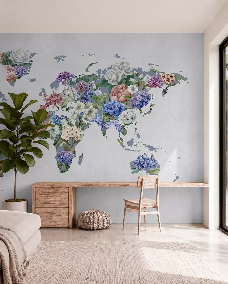 wall murals A colorful map of the world made from a variety of vibrant flowers c00006
