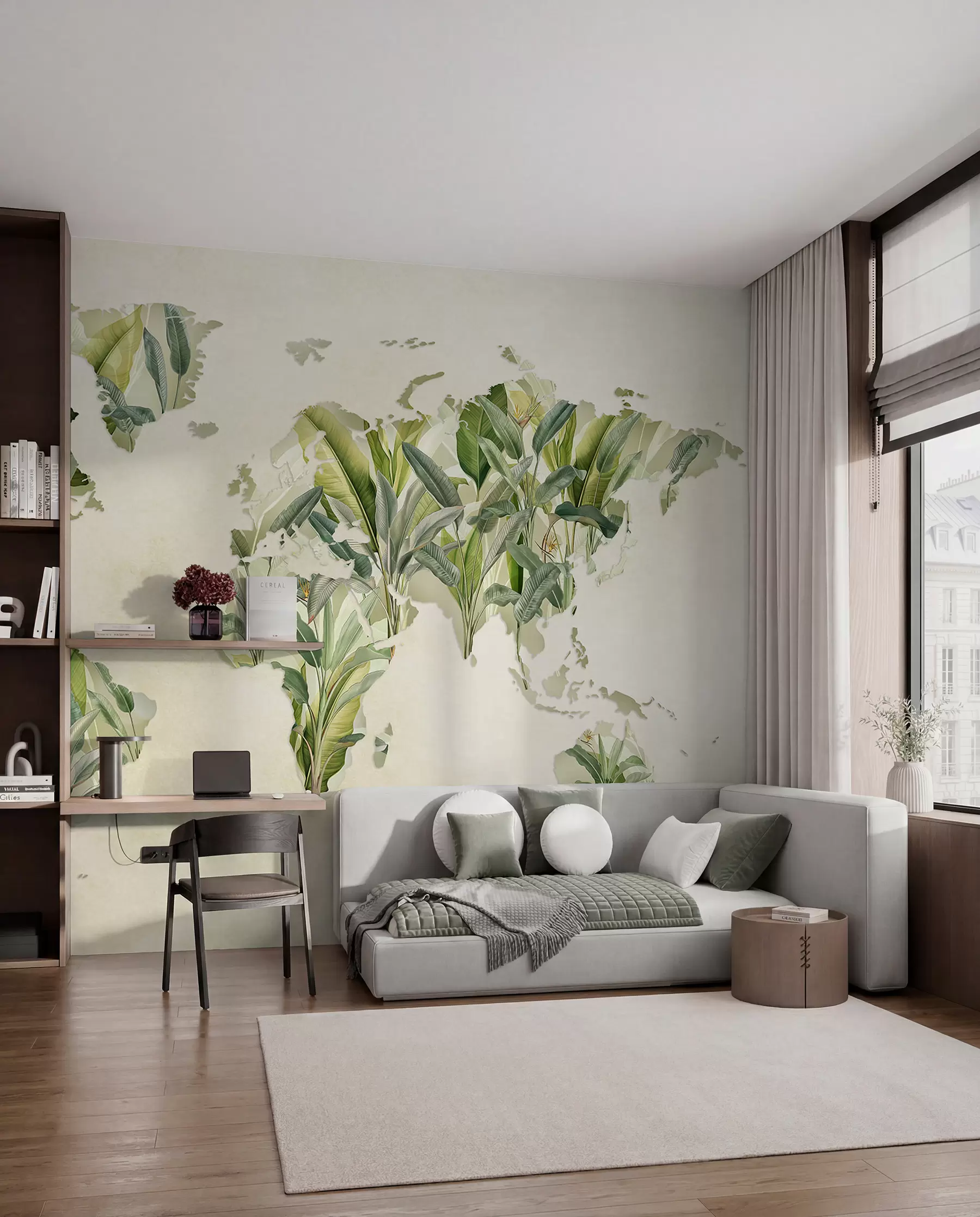 peintures murales Une carte du monde verte réalisée à partir de feuilles de bananier c00007