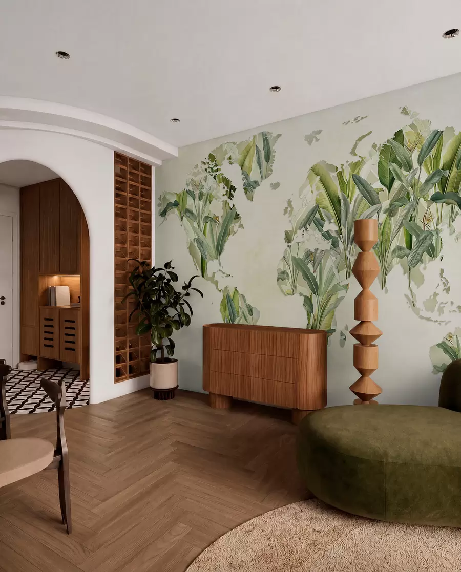 wall murals A green map of the world made from banana leaves c00007