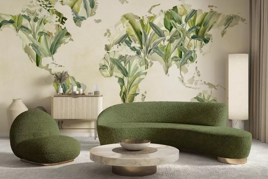 wall murals A green map of the world made from banana leaves c00007