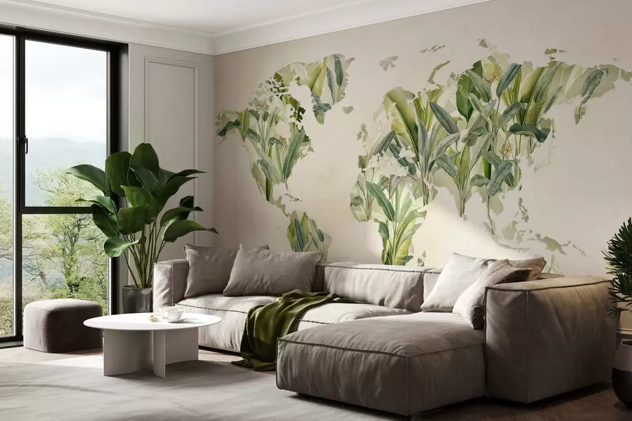 murales Un mapa verde del mundo hecho con hojas de plátano c00007