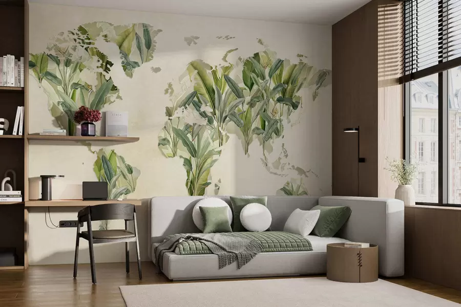Wall Mural Photo Wallpaper A green map of the world made from banana leaves c00007