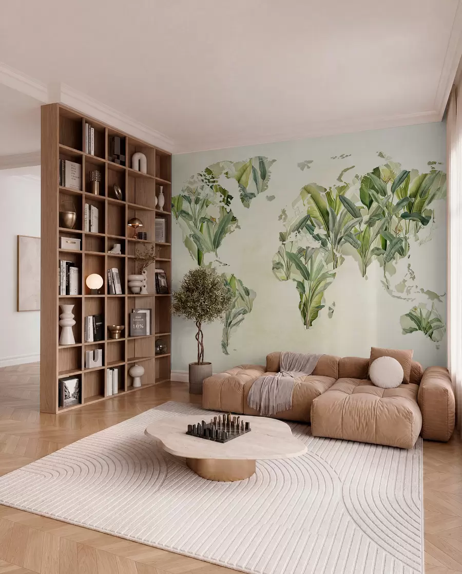 wall murals A green map of the world made from banana leaves c00007