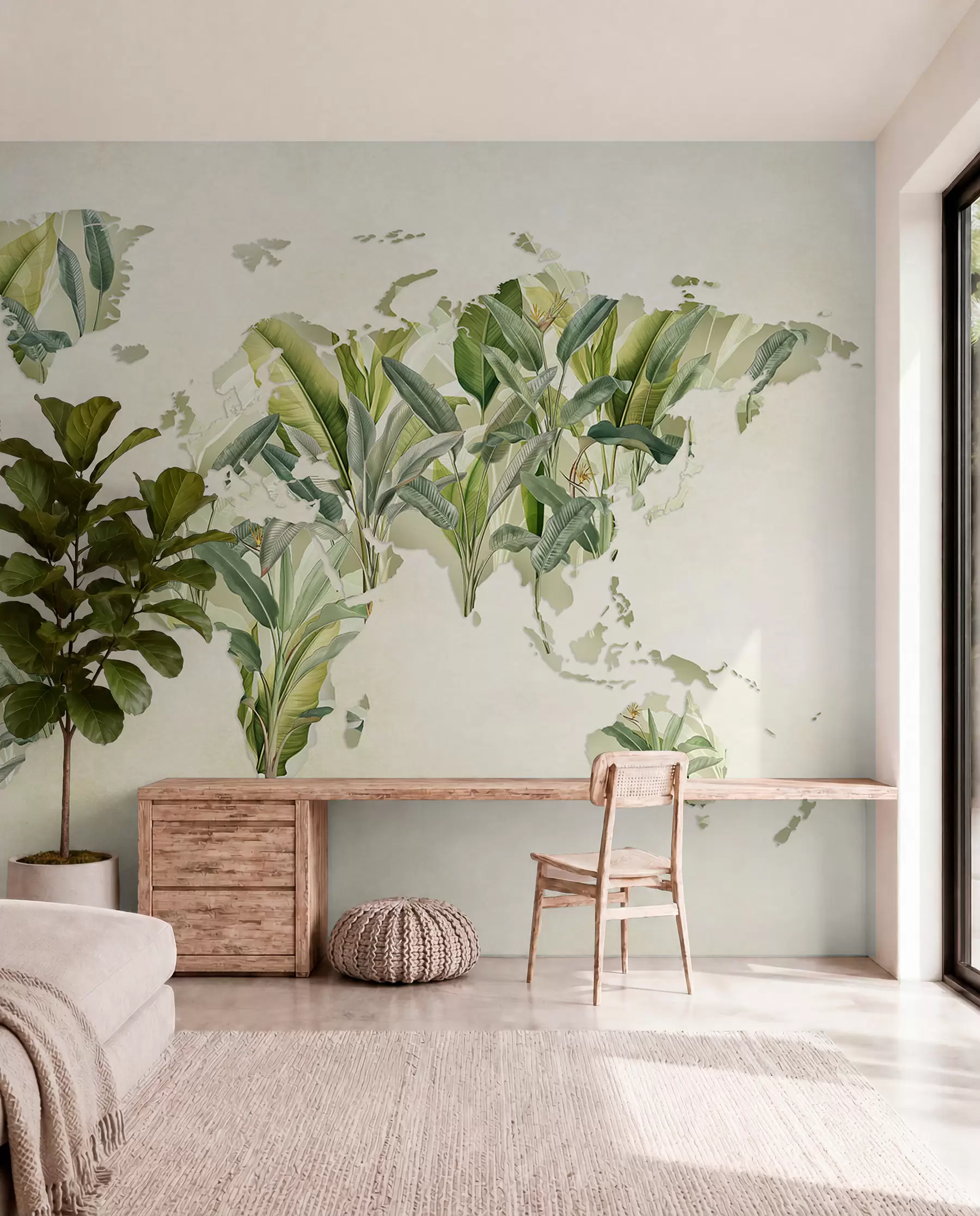 peintures murales Une carte du monde verte réalisée à partir de feuilles de bananier c00007
