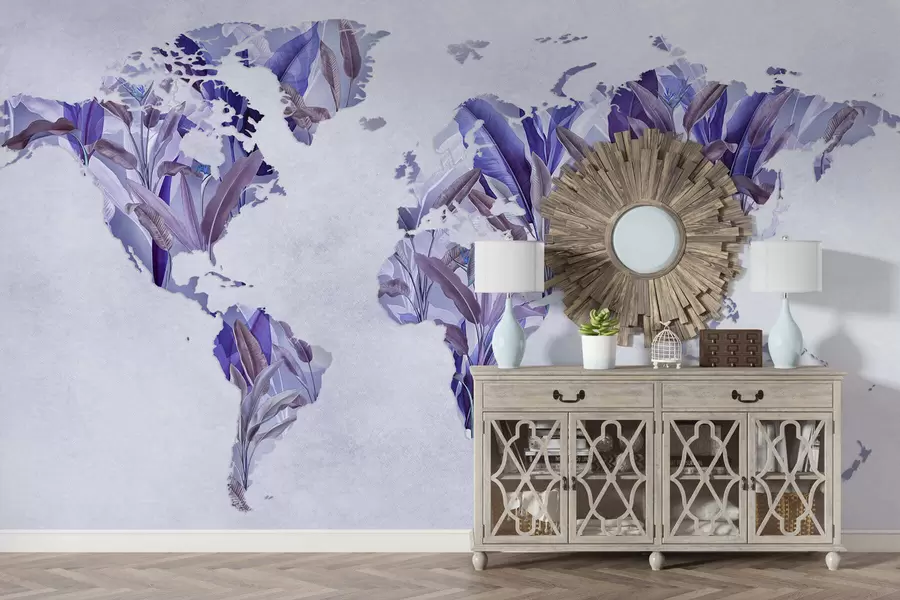 peintures murales Une carte du monde violette réalisée à partir de feuilles de bananier c00007v1