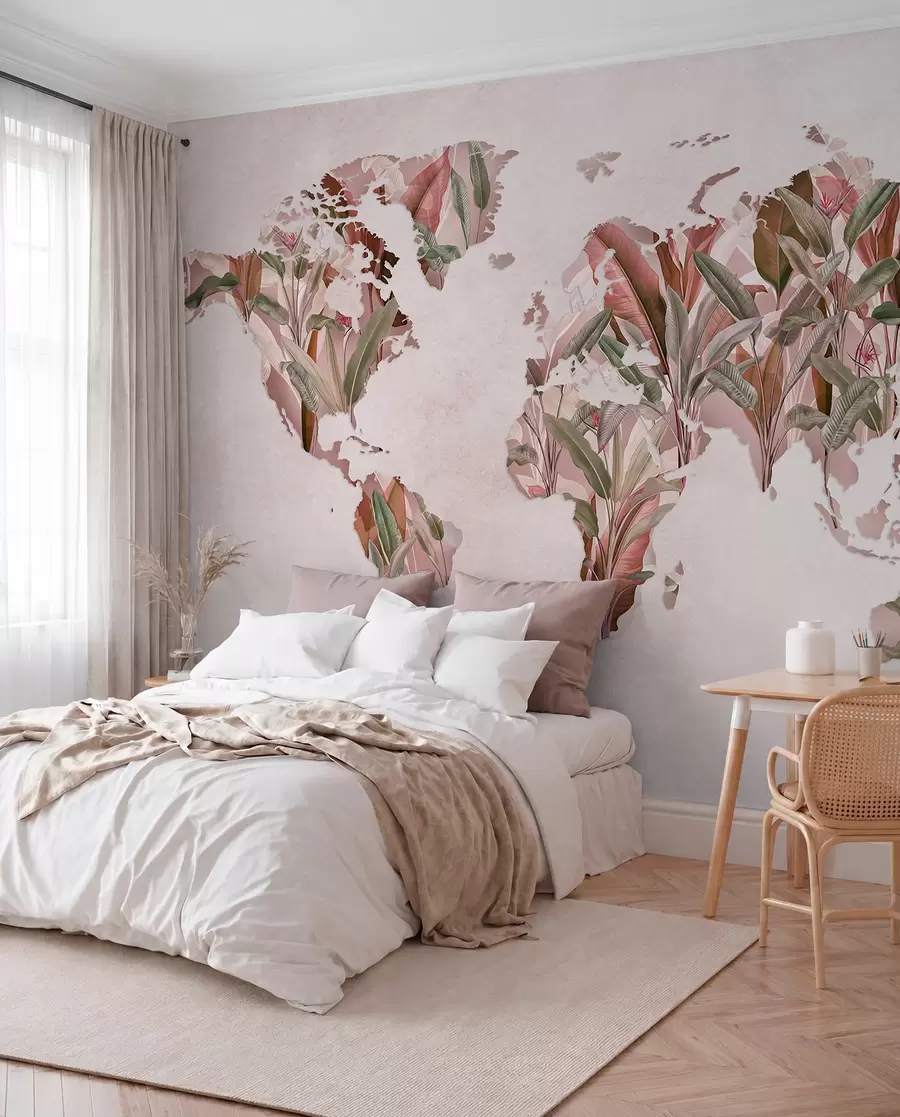 peintures murales Une carte du monde rose réalisée à partir de feuilles de bananier c00007v2