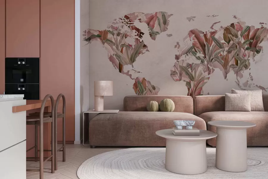 peintures murales Une carte du monde rose réalisée à partir de feuilles de bananier c00007v2