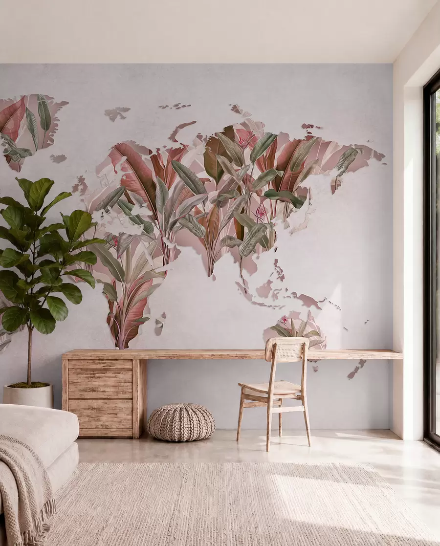 murales Un mapamundi rosa hecho con hojas de plátano c00007v2