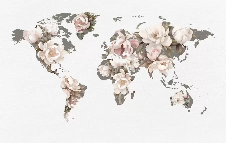 wall murals A delicate, creamy world map made of flowers c00008
