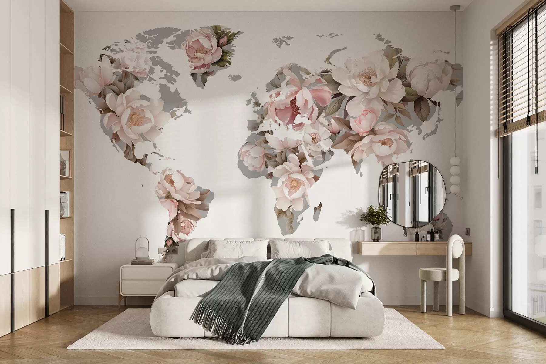 Wall Mural Photo Wallpaper A delicate, creamy world map made of flowers c00008