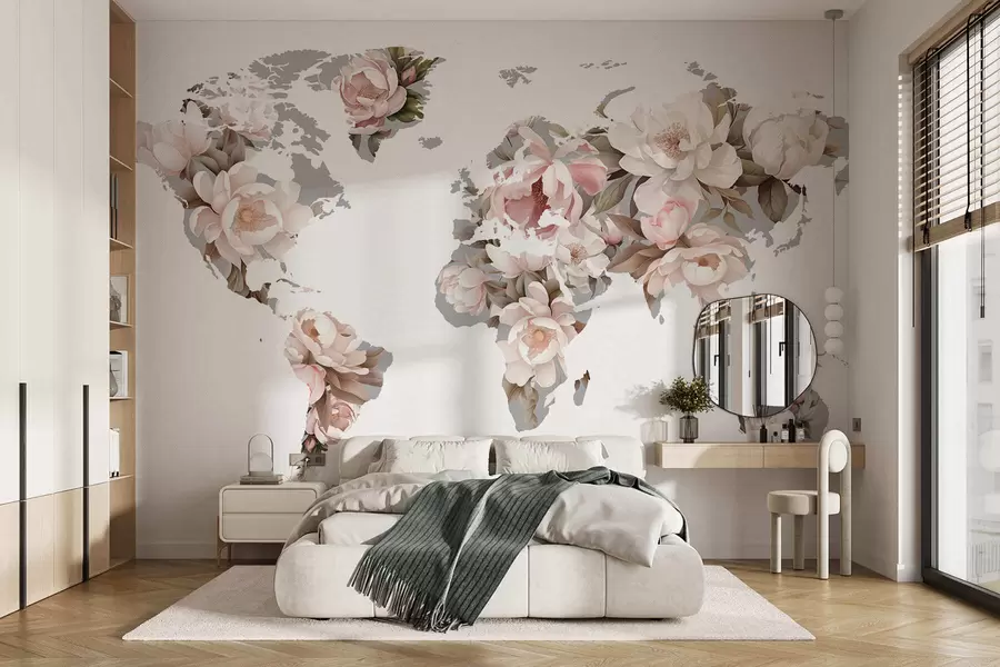 peintures murales Une carte du monde délicate et onctueuse, composée de fleurs c00008