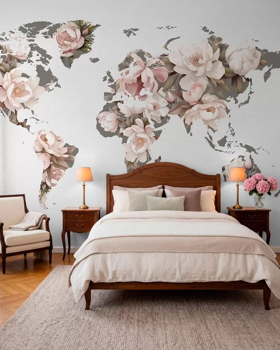 murales Un delicado y cremoso mapamundi hecho con flores c00008