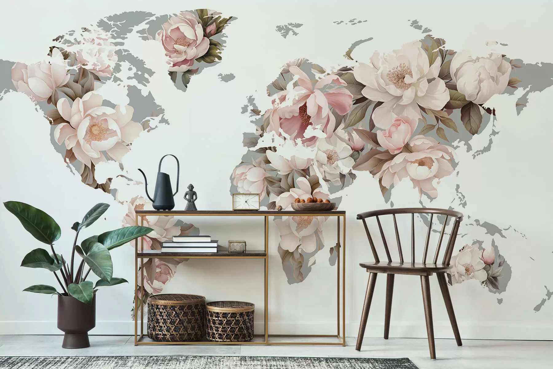 Wall Mural Photo Wallpaper A delicate, creamy world map made of flowers c00008