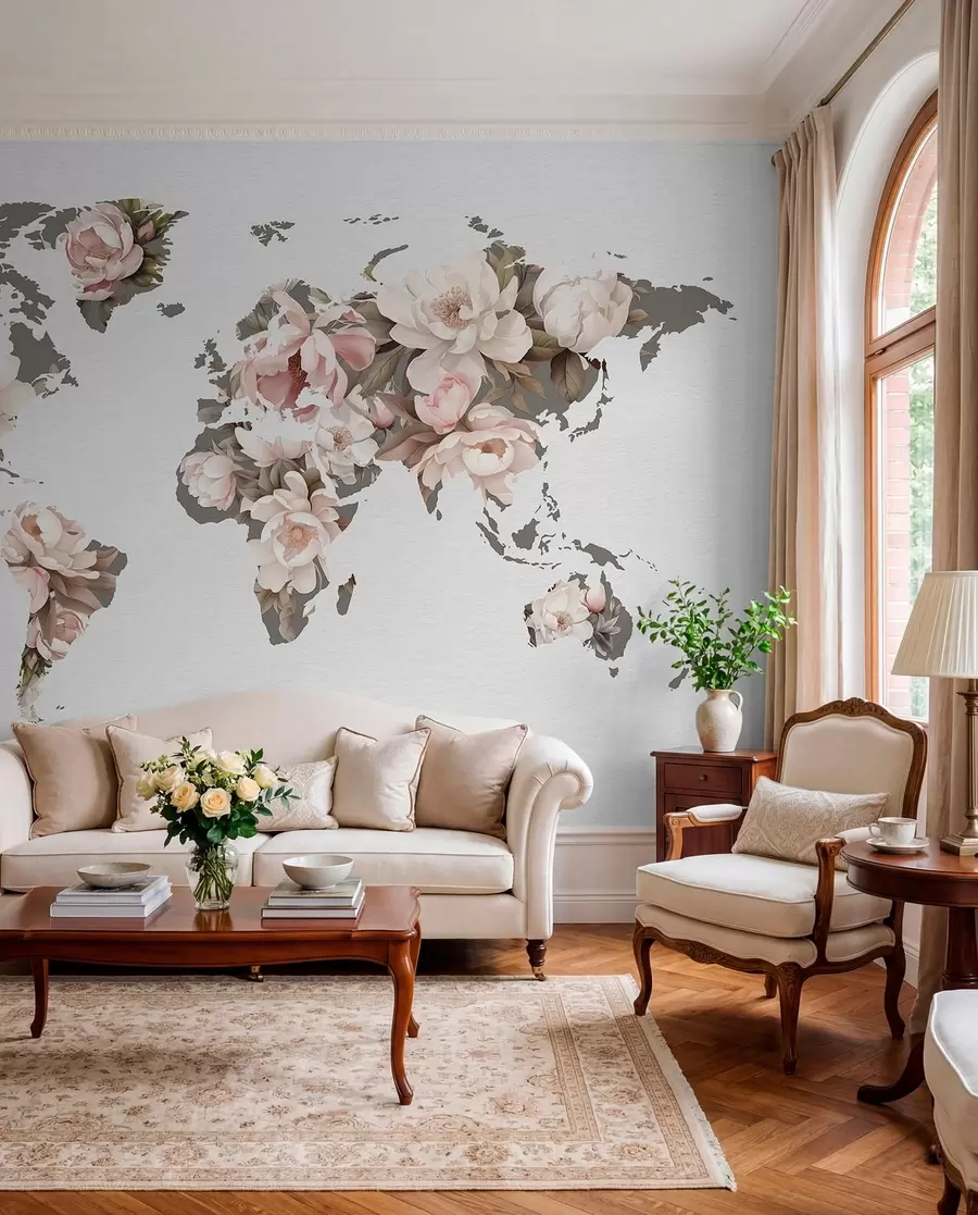 peintures murales Une carte du monde délicate et onctueuse, composée de fleurs c00008