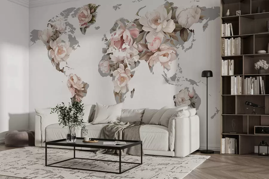 wall murals A delicate, creamy world map made of flowers c00008