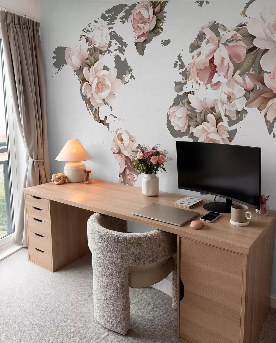 wall murals A delicate, creamy world map made of flowers c00008
