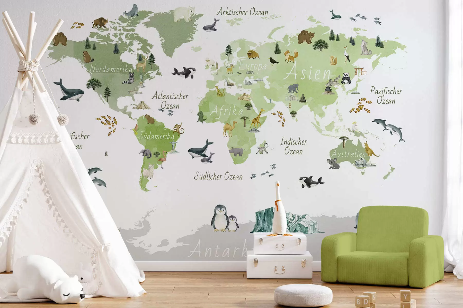 Wall Mural Photo Wallpaper A watercolor-style Green map featuring animals, plants, and architecture. Labels in German c00009dev2