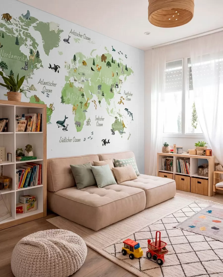 peintures murales Une carte verte de style aquarelle représentant des animaux, des plantes et des bâtiments. Légendes en allemand c00009dev2