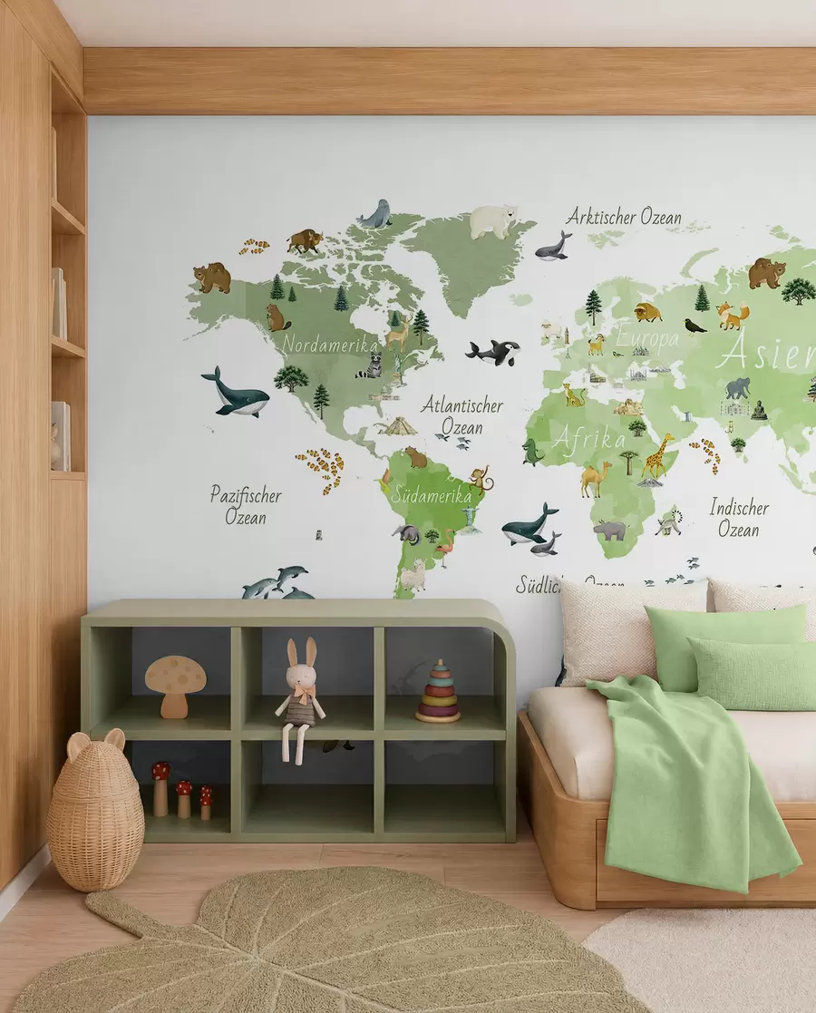 wall murals A watercolor-style Green map featuring animals, plants, and architecture. Labels in German c00009dev2