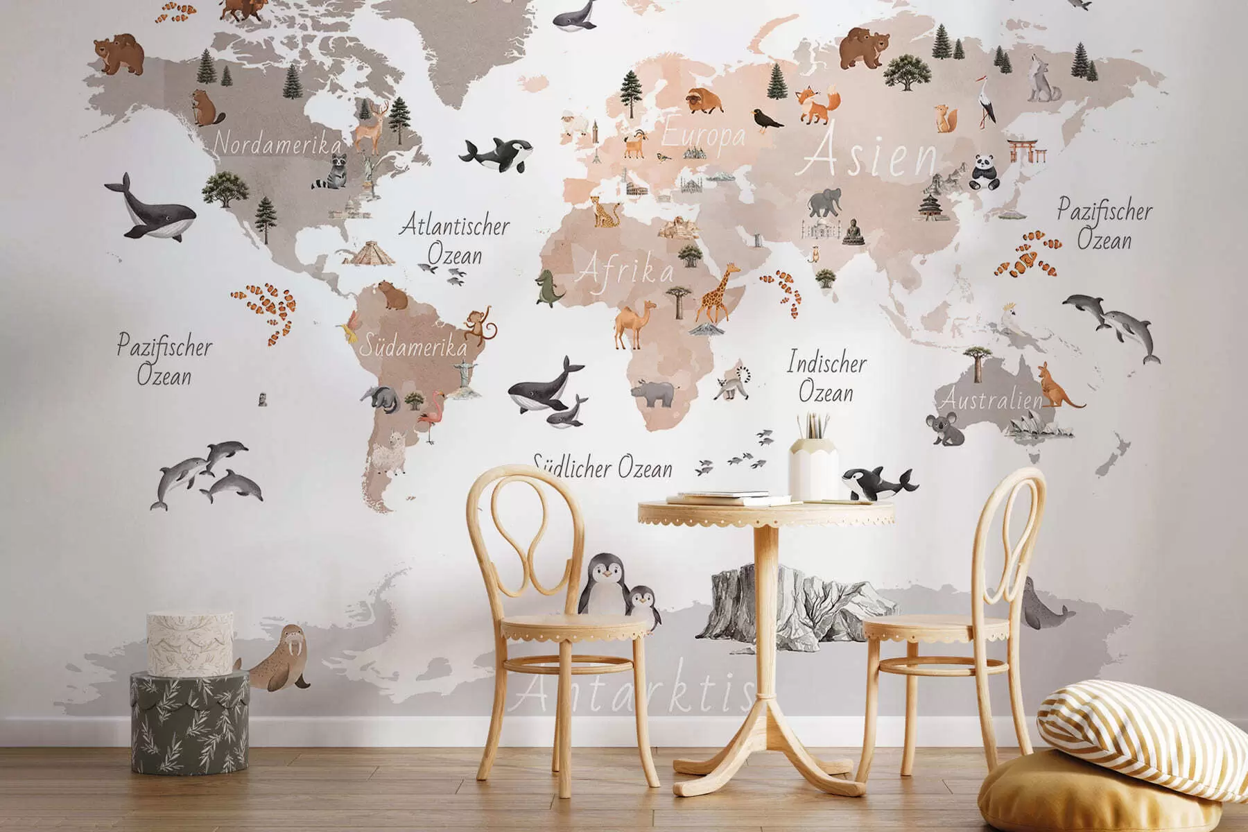 Wall Mural Photo Wallpaper A watercolor-style Beige map featuring animals, plants, and architecture. Labels in German c00009dev3